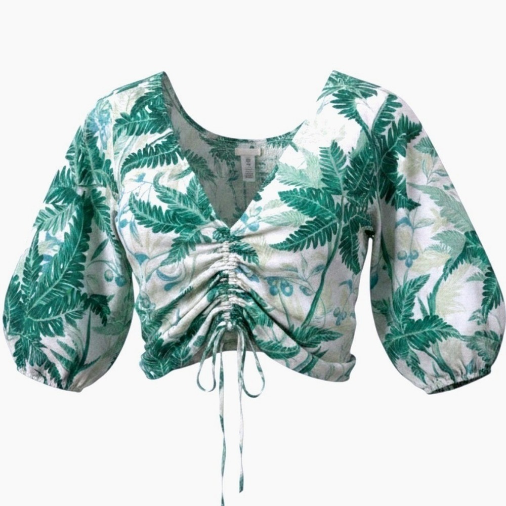 HM Tropical Fern Print Reversible Crop Top Green White Puff Sleeve Smocked M